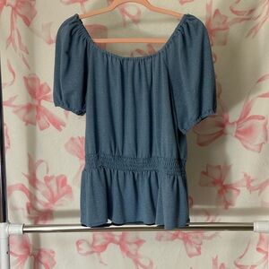 Lauren Conrad Light Blue Cinch-Waist Blouse with Subtle Silver Horizontal Patte